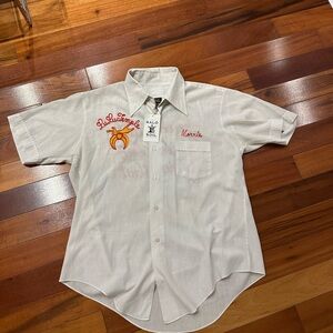 White Short-Sleeve Button-Down Work Shirt with Embroidered Detail
